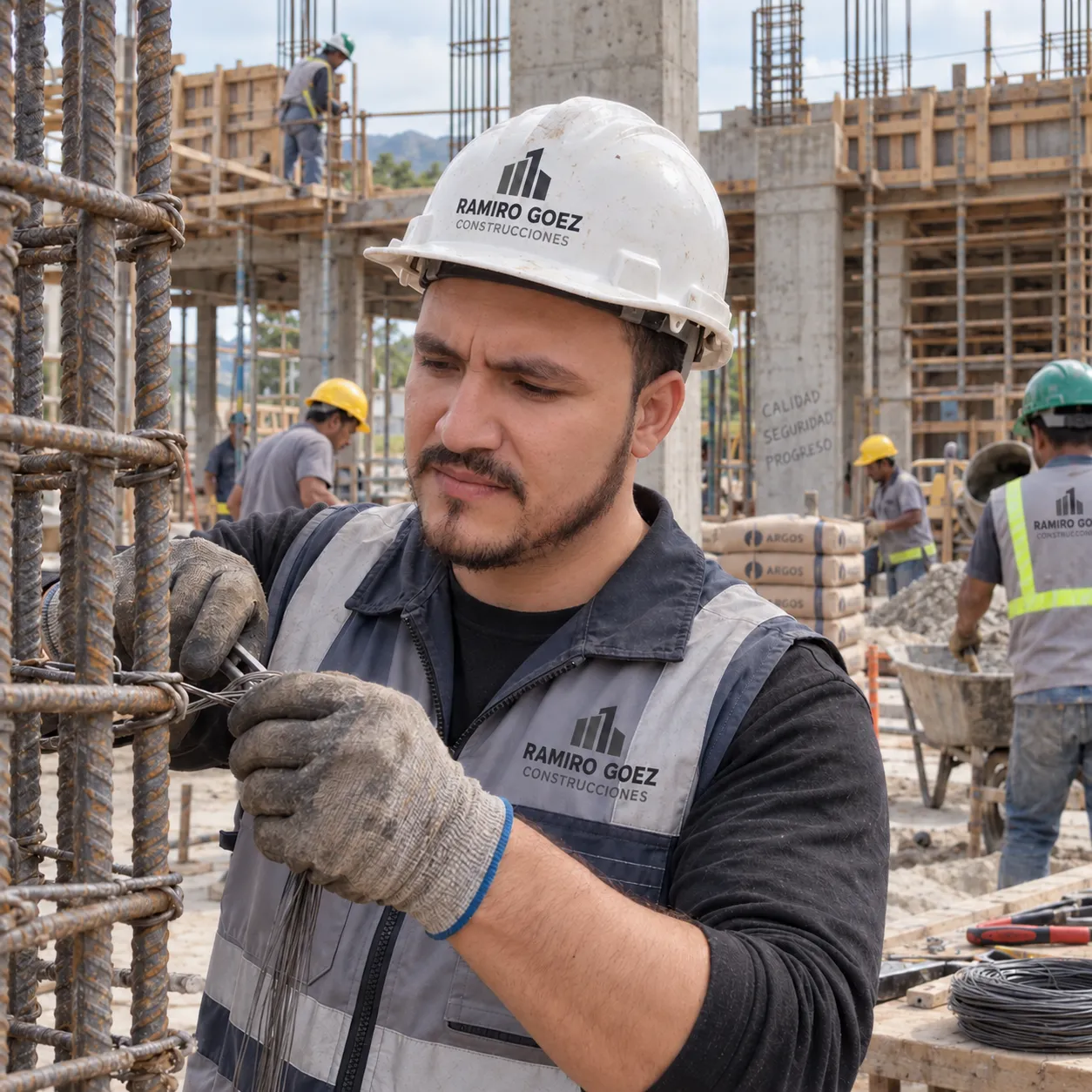 Ramiro Goez amarrando el hierro de una columna en obra en Medellín