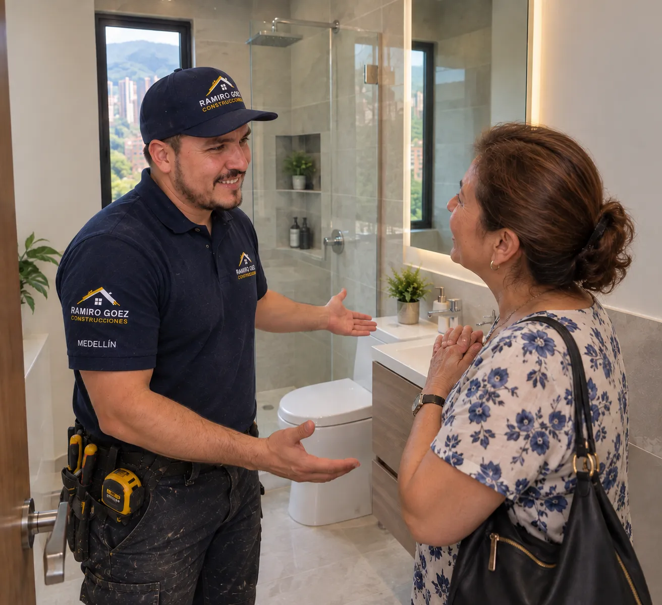 Ramiro Goez entregando un baño remodelado en Medellín