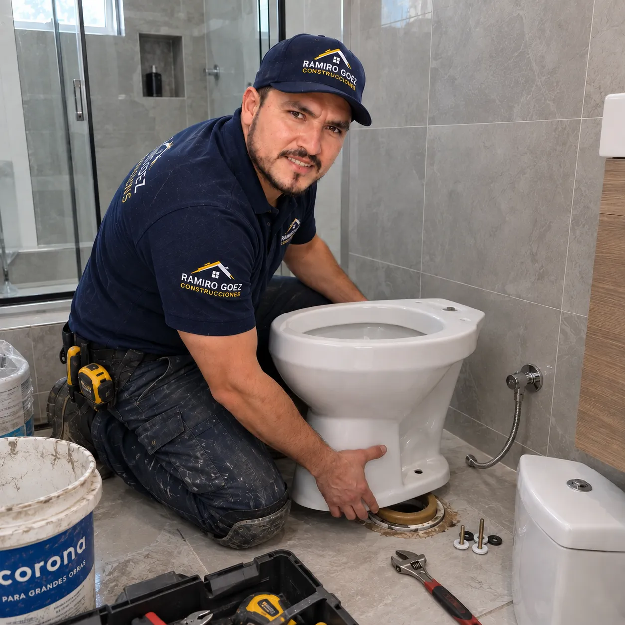Ramiro Goez instalando la taza de un baño en obra en Medellín
