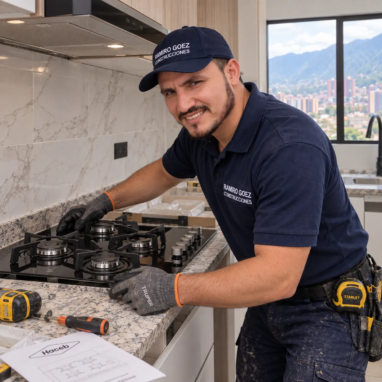 Ramiro Goez instalando la estufa a gas de una cocina en Medellín