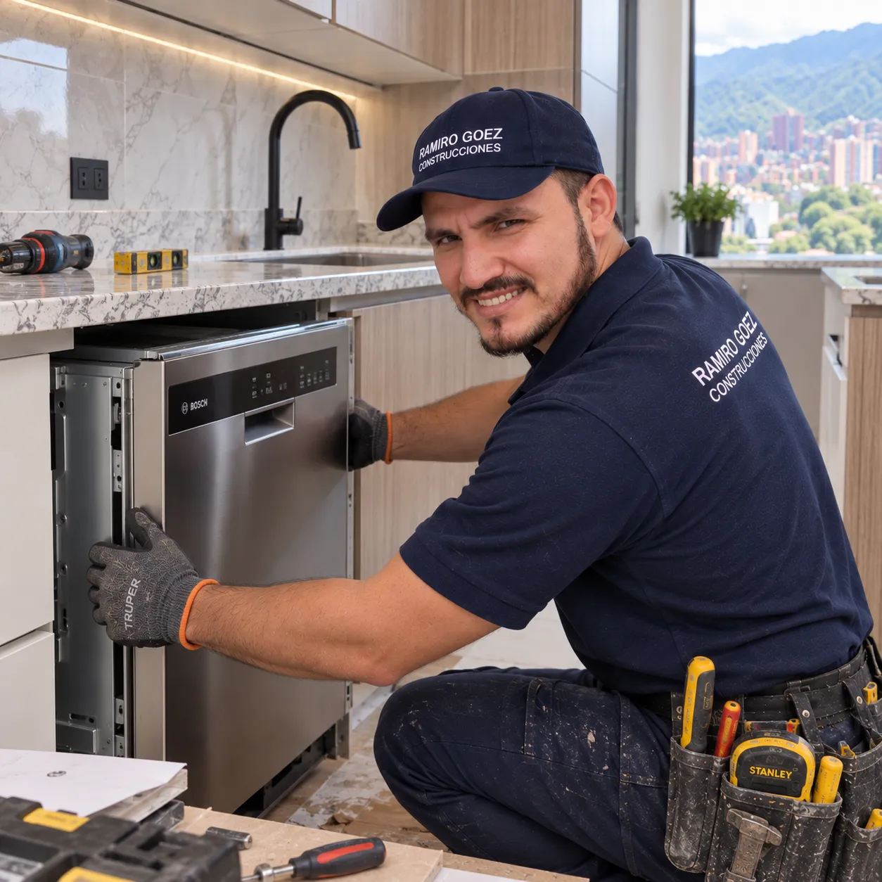 Ramiro Goez instalando un lavavajillas empotrado en una cocina en Medellín