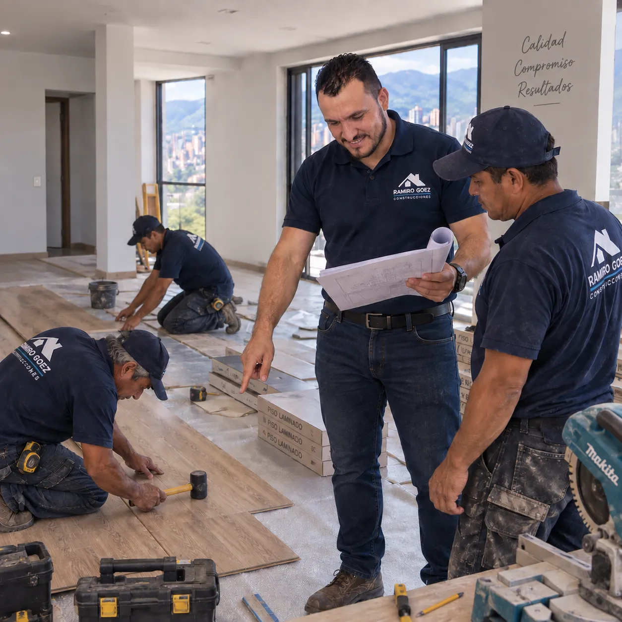 Ramiro Goez y su cuadrilla revisando planos en obra en Medellín