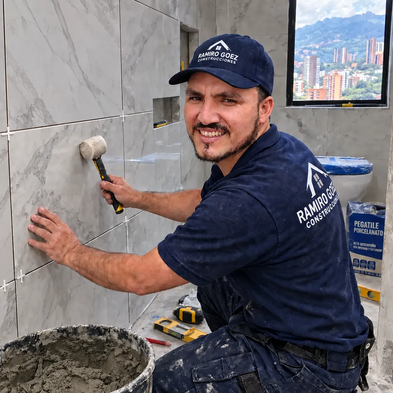 Ramiro Goez enchapando la pared de un baño en obra en Medellín