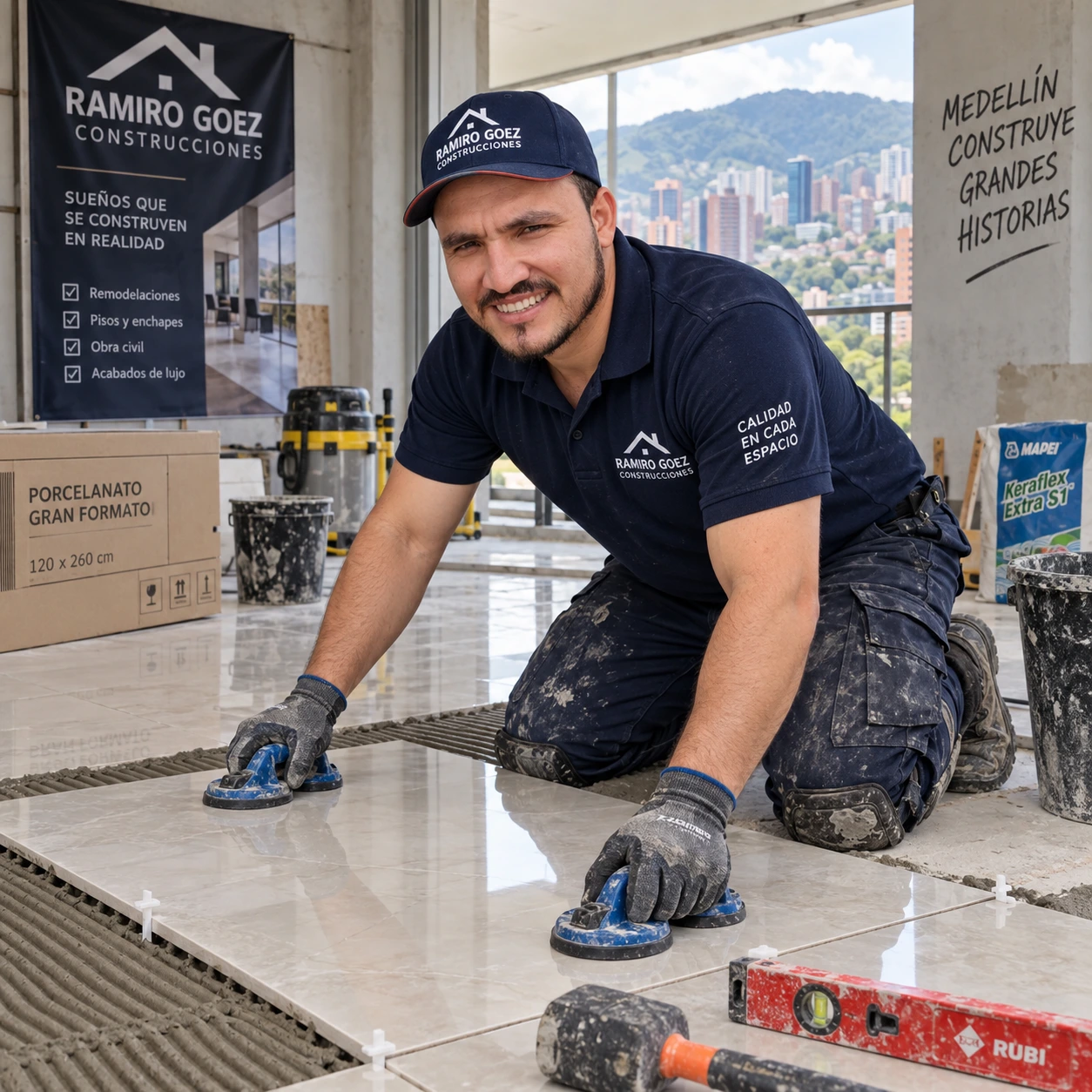 Ramiro Goez instalando cerámica en obra en Medellín