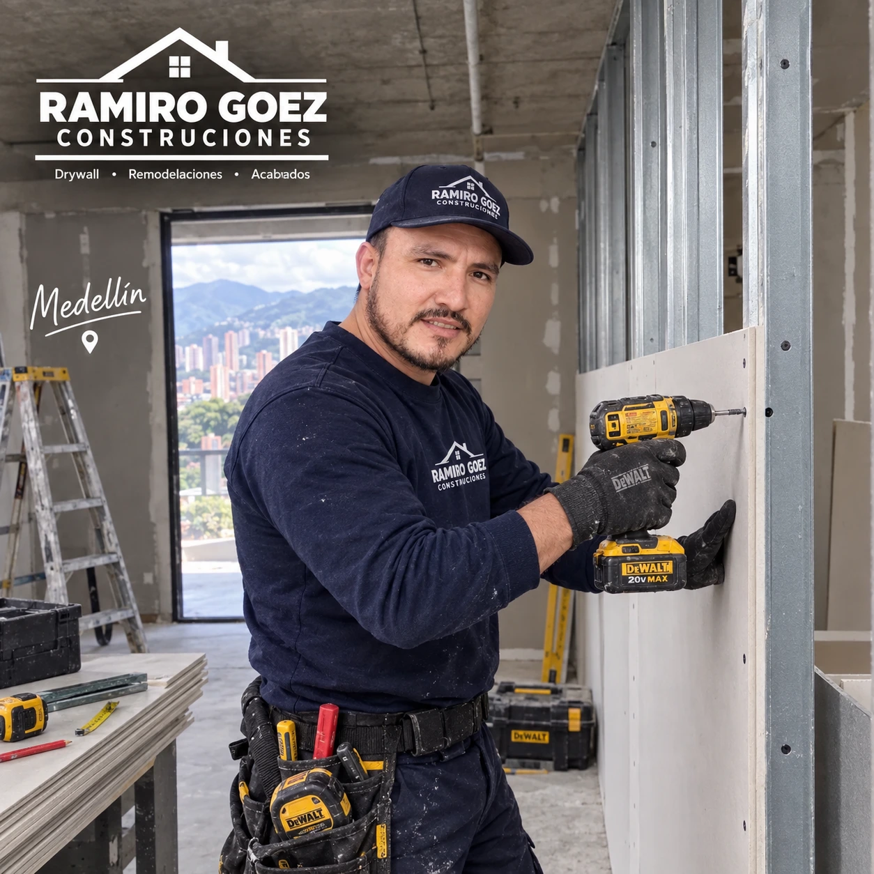 Ramiro Goez parando un muro en drywall en obra en Medellín