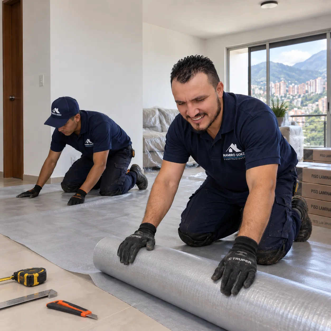Instalación de la base niveladora antes del piso laminado en obra en Medellín