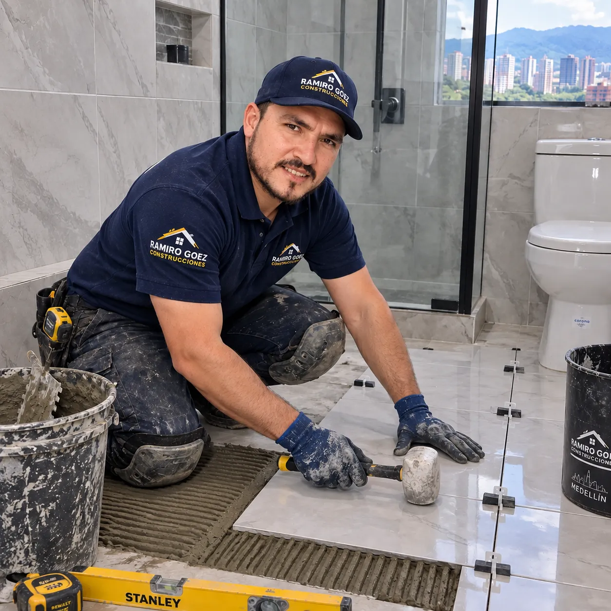 Ramiro Goez enchapando el piso de un baño en obra en Medellín