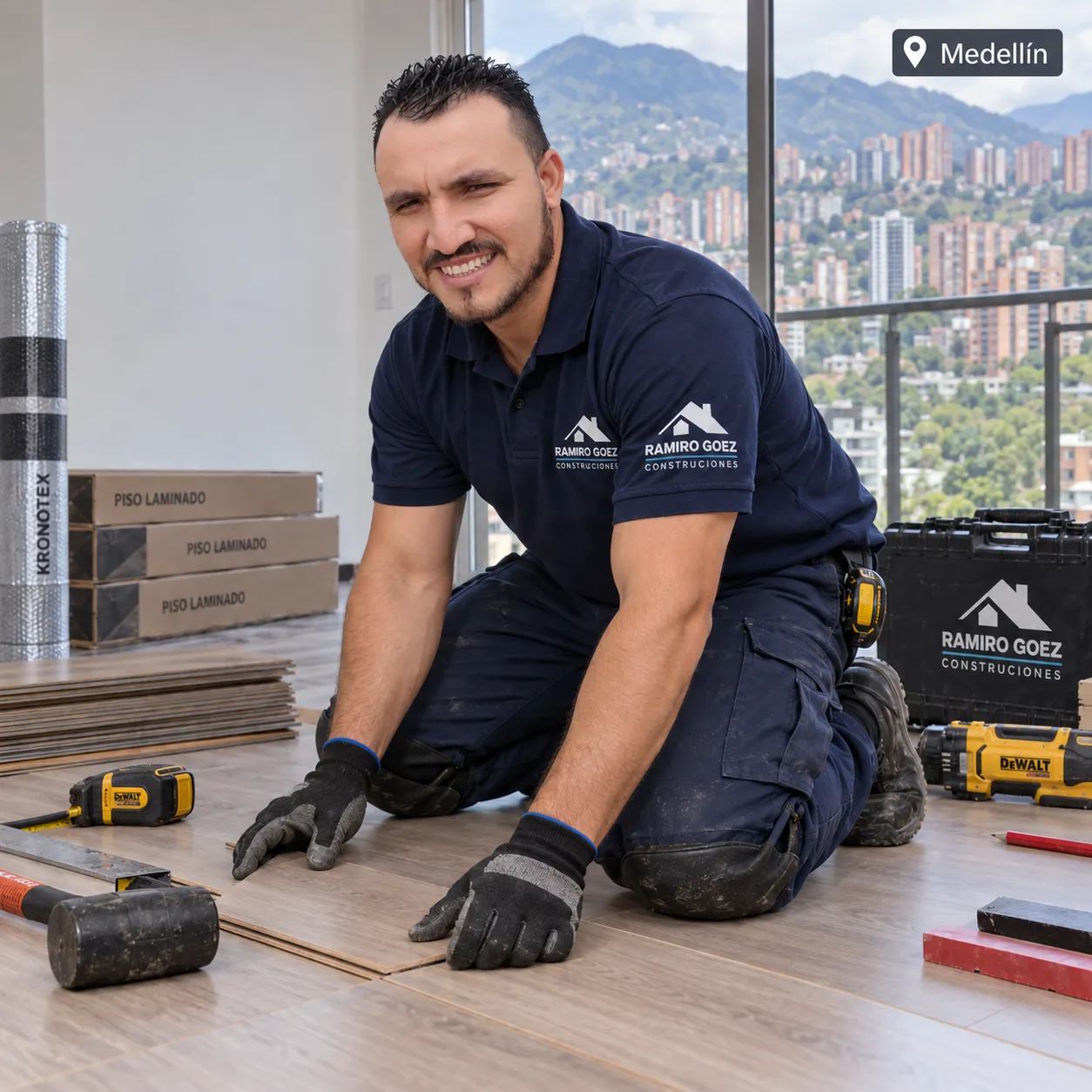 Ramiro Goez instalando piso laminado en obra en Medellín