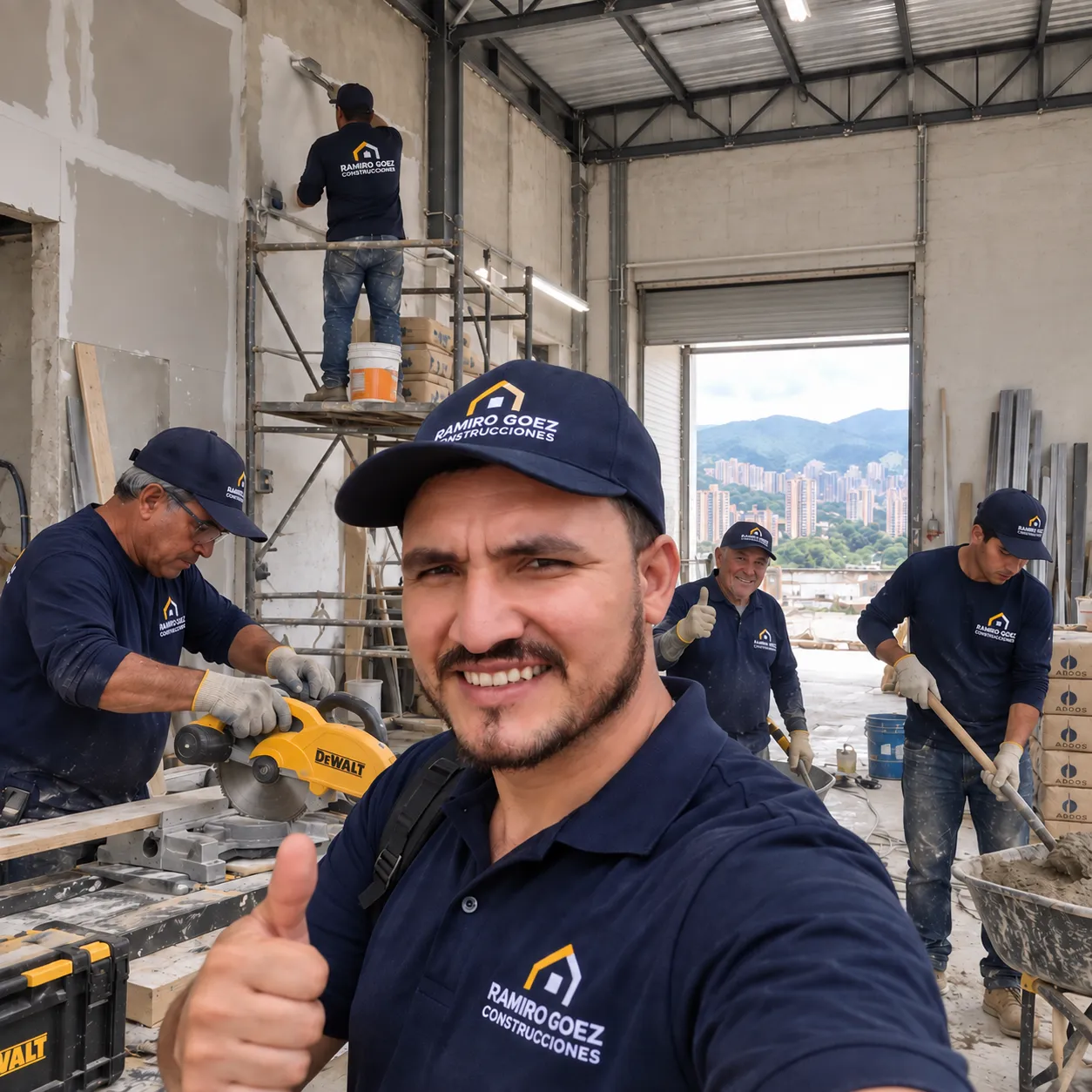 Ramiro Goez y su equipo de trabajo en una obra en Medellín