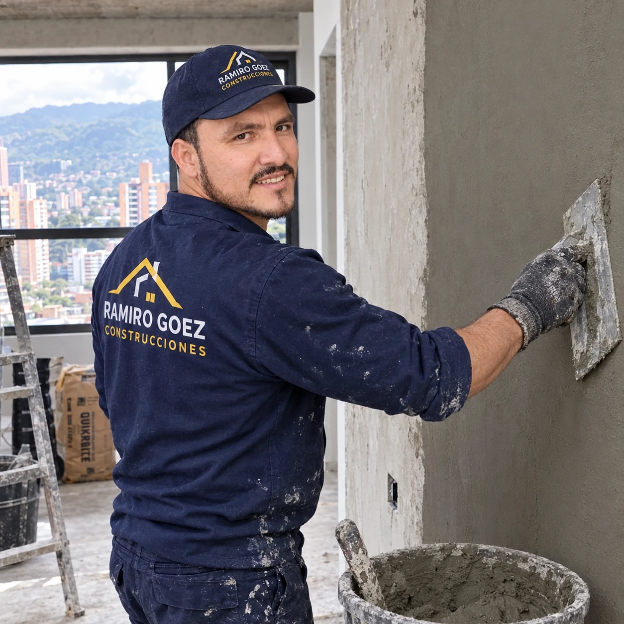 Ramiro Goez pañetando una pared en obra en Medellín - Contratista de construcción en Medellín - Ramiro Goez Construcciones